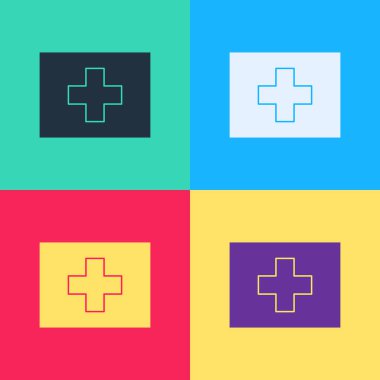 Pop art ilk yardım seti simgesi renk arkaplanında izole edildi. Haçlı sağlık kutusu. Acil durumlar için tıbbi ekipman. Sağlık sigortası konsepti. Vektör İllüstrasyonu