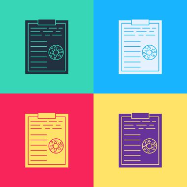 Pop Art Medikal panosu. Renk arkaplanında kan testi sonuçları ikonu var. Klinik kayıtları, tıbbi kontrol raporları. Vektör İllüstrasyonu