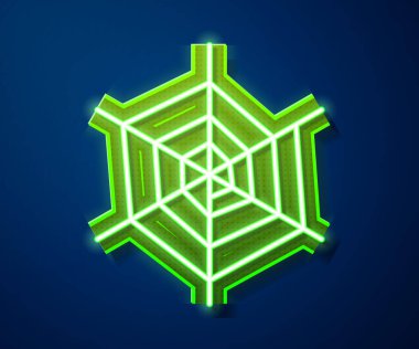 Parlayan neon hattı Örümcek ağı simgesi mavi arkaplanda izole edildi. Örümcek ağı işareti. Mutlu Cadılar Bayramı Partisi. Vektör İllüstrasyonu