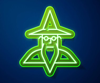 Parlayan neon hattı Büyücü ikonu mavi arkaplanda izole edildi. Vektör İllüstrasyonu