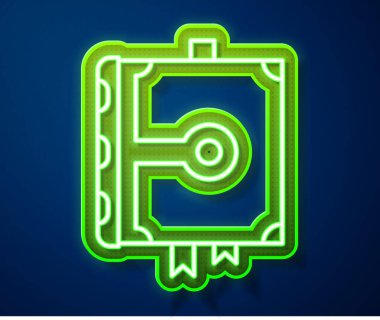 Parlayan neon hattı üzerinde simya tarifleri, mistik büyüler ve mavi arka planda izole edilmiş büyü simgeleri olan Eskiler 'in sihirli kitabı. Vektör İllüstrasyonu