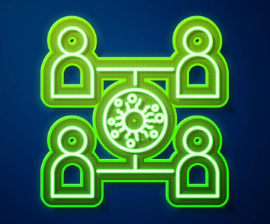 Parlayan neon hattı Virüs mavi arka planda izole edilmiş bir simge yaydı. Coronavirus enfeksiyon bilgi grafikleri. Vektör İllüstrasyonu