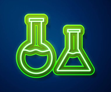 Parlayan neon hattı test tüpü ve mavi arka planda izole edilmiş matara simgesi. Kimyasal laboratuvar testi. Laboratuvar camları. Vektör İllüstrasyonu