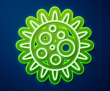 Parlayan neon çizgisi Virüs simgesi mavi arkaplanda izole edildi. Corona virüsü 2019-nCoV. Bakteri ve mikroplar, hücre kanseri, mikrop, mantar. Vektör İllüstrasyonu