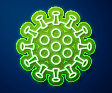 Parlayan neon çizgisi Virüs simgesi mavi arkaplanda izole edildi. Corona virüsü 2019-nCoV. Bakteri ve mikroplar, hücre kanseri, mikrop, mantar. Vektör İllüstrasyonu