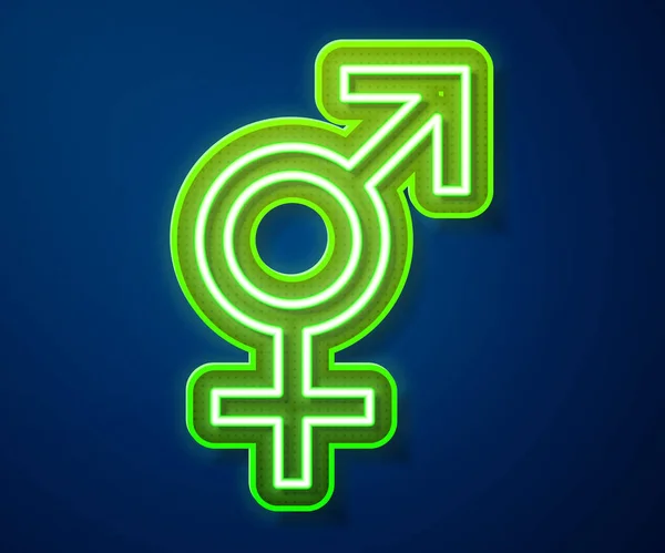 明亮的霓虹灯线在蓝色背景上隔离的性别图标 男子和妇女的象征 性符号 病媒图解 — 图库矢量图片