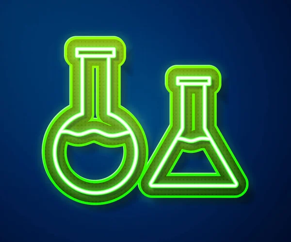 Glowing neon line Test tube and flask icon isolated on blue background. Chemical laboratory test. Laboratory glassware.  Vector Illustration