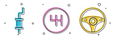 Araba susturucusu, vites kolu ve direksiyon simgesini ayarla. Vektör