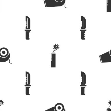 Bombardıman topunu, dinamit bombalı saati ve askeri bıçağı kusursuz desene ayarlayın. Vektör