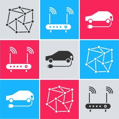 Sinirsel ağı, Router 'ı, Wi-Fi sinyalini ve elektrikli araba simgesini ayarla. Vektör