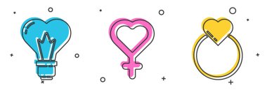 Kalp şeklini bir ampul, kadın cinsiyet sembolü ve alyans ikonu şeklinde ayarla. Vektör