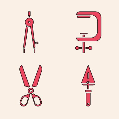 Trowel, çizim pusulası, klemp ve vida aleti ve makas simgesini ayarla. Vektör