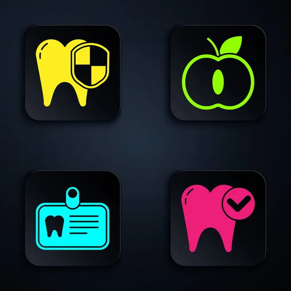 Set Zahnaufhellungskonzept Zahnschutz Ausweis Mit Zahn Und Apple Schwarzer Quadratischer — Stockvektor