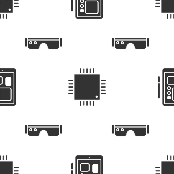 Set Graphic Tablet Processor Microcircuits Cpu Smart Glasses Seamless Pattern — Stock Vector