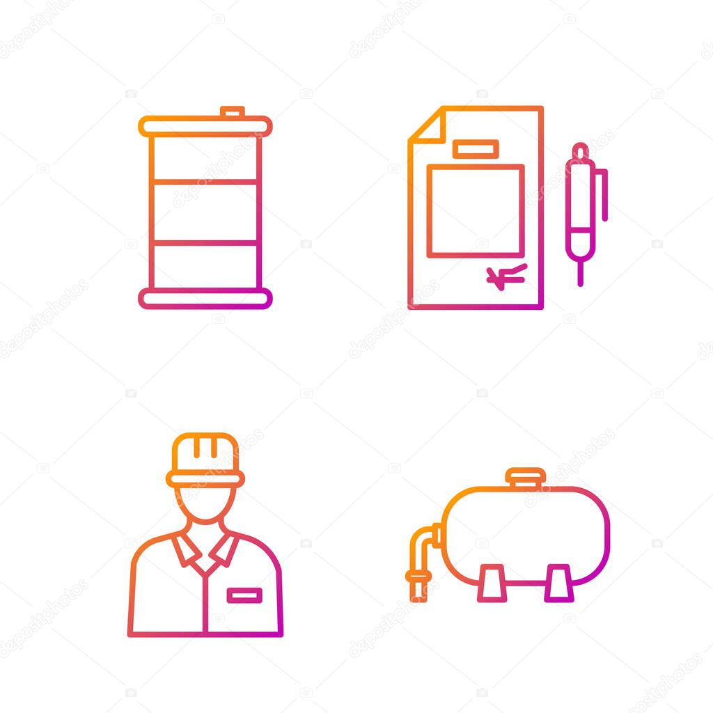 Set line Oil industrial factory building, Oilman, Barrel oil and Contract money and pen. Gradient color icons. Vector