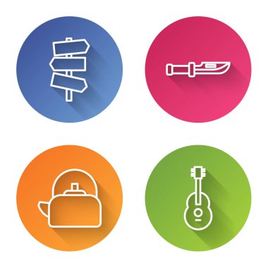 Yol trafik levhası, kamp bıçağı, saplı çaydanlık ve Gitar ayarlayın. Renkli daire düğmesi. Vektör