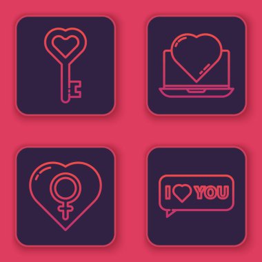 Anahtar 'ı kalp şeklinde ayarla, kalben kadın cinsiyeti, Online flört uygulaması ve sohbet ve seni seviyorum konuşma balonu. Mavi kare düğme. Vektör