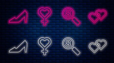 Kadın cinsiyet sembolü, Arama 8 Mart, Kadın ayakkabısı ve İki Bağlı Kalp. Tuğla duvarda parlayan neon simgesi. Vektör