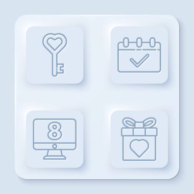 Anahtar 'ı kalp şeklinde ayarla, 8 Mart, 8 Mart, monitör, hediye kutusu ve kalple takvim. Beyaz kare düğme. Vektör