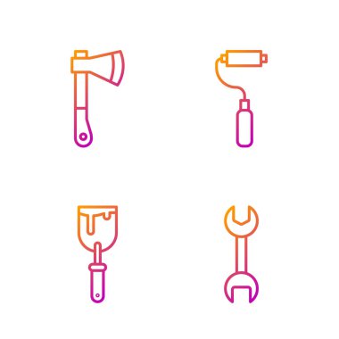 Çizgi anahtarı, macun bıçağı, tahta balta ve boya fırçası. Renk simgeleri. Vektör