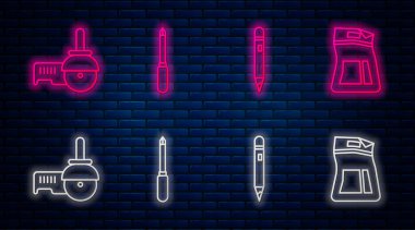 Tornavida, silgiyle kalem, çim biçme makinesi ve çimento torbası ayarla. Tuğla duvarda parlayan neon simgesi. Vektör