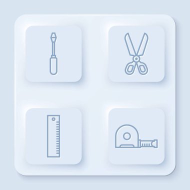 Tornavida, makas, cetvel ve rulet inşaatı ayarlandı. Beyaz kare düğme. Vektör