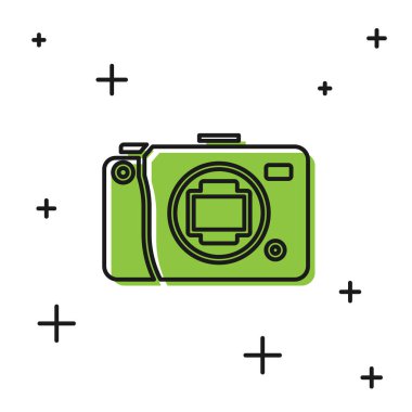 Siyah aynasız kamera simgesi beyaz arkaplanda izole edildi. Fotoğraf makinesi simgesi. Vektör İllüstrasyonu