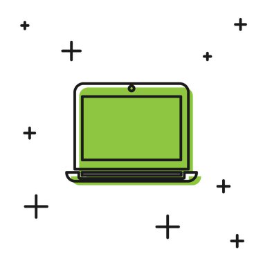 Beyaz arkaplanda siyah dizüstü bilgisayar simgesi izole edildi. Boş ekran işaretli bilgisayar defteri. Vektör İllüstrasyonu