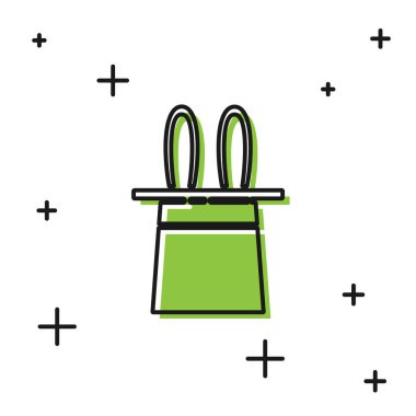 Siyah Sihirbaz şapkası ve tavşan kulağı simgesi beyaz arka planda izole edilmiş. Sihir numarası. Gizemli eğlence konsepti. Vektör İllüstrasyonu