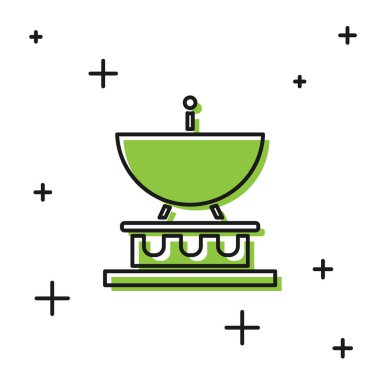 Siyah uydu çanak ikonu beyaz arkaplanda izole edildi. Radyo anten, astronomi ve uzay araştırması. Vektör İllüstrasyonu