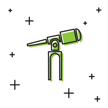 Siyah Teleskop simgesi beyaz arkaplanda izole edildi. Bilimsel bir alet. Eğitim ve astronomi elementi, dürbün ve çalışma yıldızları. Vektör İllüstrasyonu