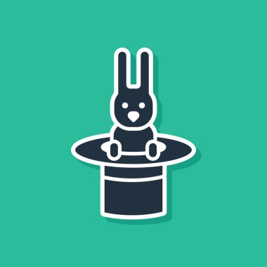 Yeşil arka planda mavi büyücü şapkası ve tavşan ikonu var. Sihir numarası. Gizemli eğlence konsepti. Vektör İllüstrasyonu