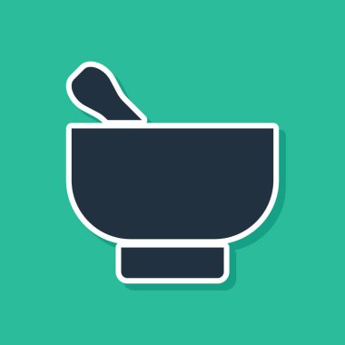 Mavi Sihirli havan topu ve tokmak simgesi yeşil arkaplanda izole edildi. Vektör İllüstrasyonu