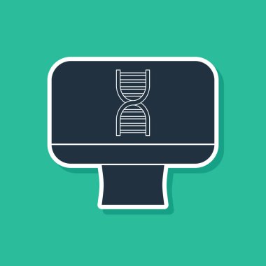 Mavi DNA sarmalı ve bilgisayar monitörü ikonu yeşil arka planda izole edildi. Poligonal tıbbi teknoloji araştırma ağı sanatı. Vektör İllüstrasyonu