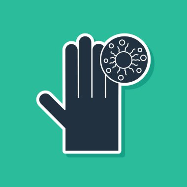 Yeşil arka planda virüsün ikonuna sahip Mavi El. Corona virüsü 2019-nCoV. Bakteri ve mikroplar, hücre kanseri, mikrop, mantar. Vektör İllüstrasyonu