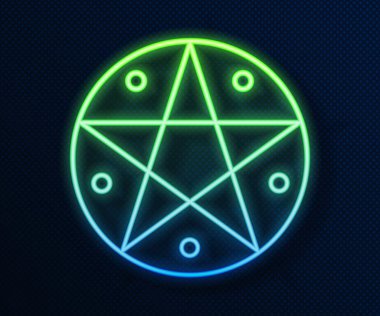 Mavi arkaplanda izole edilmiş bir daire simgesinde parlayan neon çizgisi pentagram. Sihirli okült yıldız sembolü. Vektör İllüstrasyonu