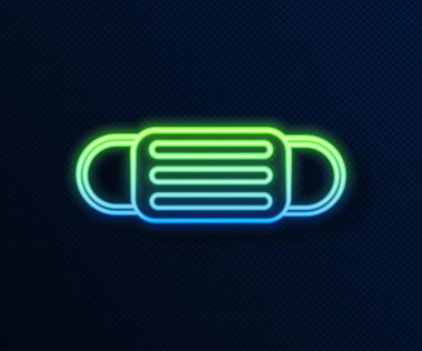 Parlayan neon hattı tıbbi koruyucu maske ikonu mavi arka planda izole edildi. Vektör İllüstrasyonu