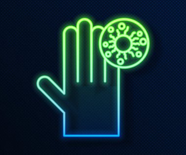 Mavi arka planda virüsün simgesi olan parlak neon çizgili El. Corona virüsü 2019-nCoV. Bakteri ve mikroplar, hücre kanseri, mikrop, mantar. Vektör İllüstrasyonu