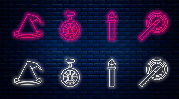 设置直线单轮或单轮自行车 魔法杖 魔帽和魔杖 砖墙上闪烁着霓虹灯图标 — 图库矢量图片