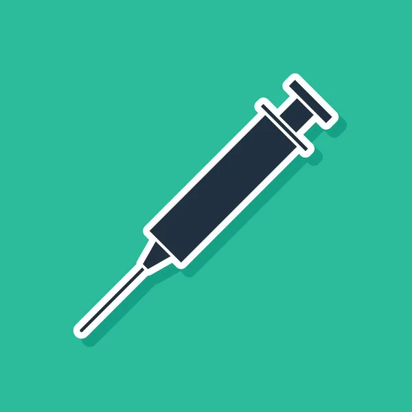 Blauwe Spuit Pictogram Geïsoleerd Groene Achtergrond Spuit Voor Vaccin Vaccinatie — Stockvector