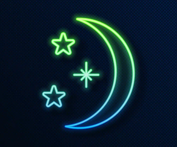 Linha Néon Brilhante Ícone Lua Estrelas Isolado Fundo Azul Ilustração — Vetor de Stock