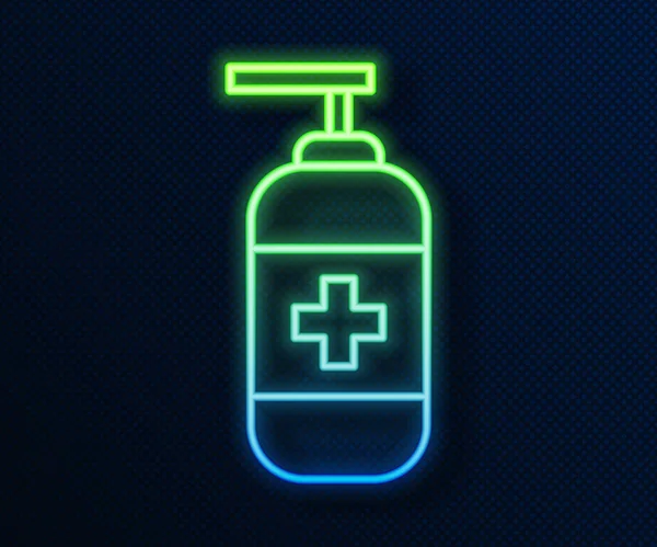 发亮的霓虹灯线液体抗菌肥皂瓶 带有蓝色背景隔离的喷雾器图标 防腐剂消毒 护肤病媒图解 — 图库矢量图片