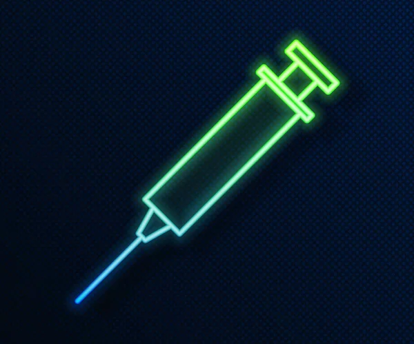 Gloeiende Neon Lijn Spuitpictogram Geïsoleerd Blauwe Achtergrond Spuit Voor Vaccin — Stockvector