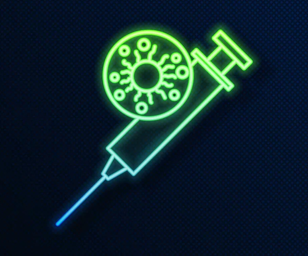 Parlayan Neon Hattı Şırınga Virüs Ikonu Mavi Arka Planda Izole — Stok Vektör