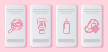 Kızartma tavasında biftek, sos şişesi, sos şişesi ve taze donmuş biftek eti. Beyaz dikdörtgen düğme. Vektör