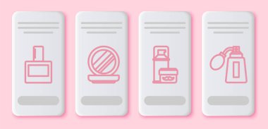 Tıraş losyonu, aynalı makyaj tozu, tıraş köpüğü ve atomla tıraş losyonu şişesi. Beyaz dikdörtgen düğme. Vektör