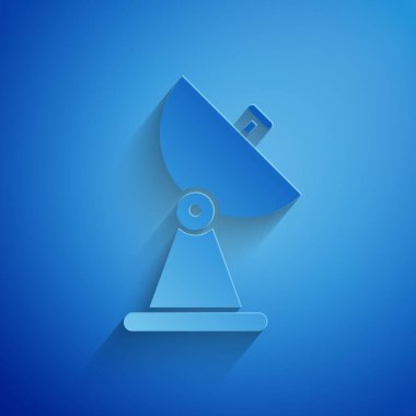 Kağıt kesiği Radar simgesi mavi arkaplanda izole edildi. Arama sistemi. Uydu sinyali. Kağıt sanatı tarzı. Vektör İllüstrasyonu