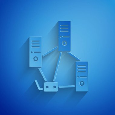 Kağıt kesme Bilgisayar ağı simgesi mavi arkaplanda izole edildi. Laptop ağı. İnternet bağlantısı. Kağıt sanatı tarzı. Vektör İllüstrasyonu