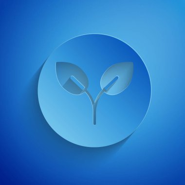 Kağıt kesiği biyoyakıt ikonu mavi arka planda izole edilmiş. Çevre biyografisi. Yeşil çevre ve geri dönüşüm. Kağıt sanatı tarzı. Vektör İllüstrasyonu