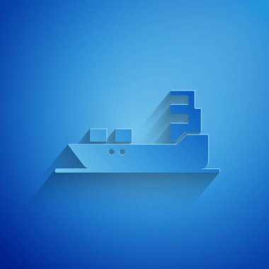 Kağıt kesiği petrol tankeri ikonu mavi arka planda izole edildi. Kağıt sanatı tarzı. Vektör İllüstrasyonu